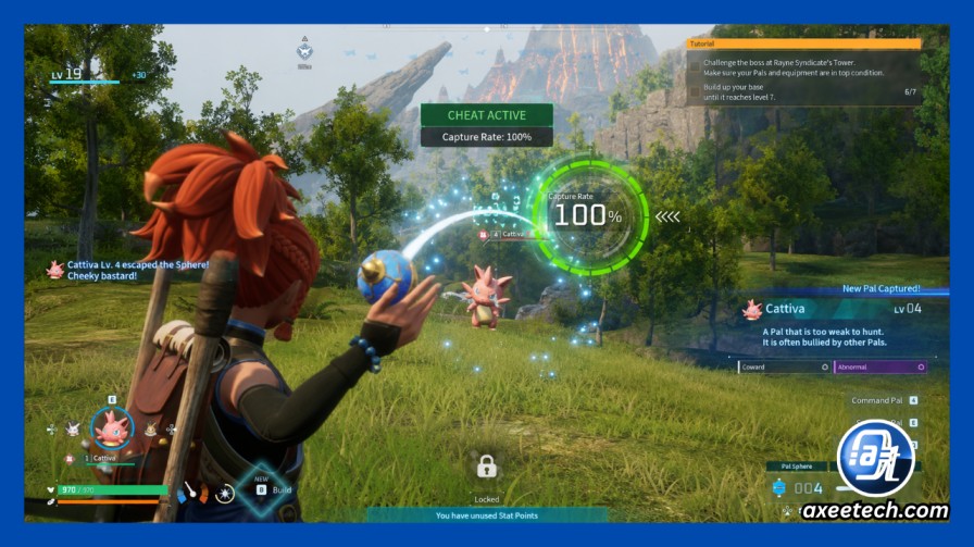 Palworld gameplay showing 100 percent capture rate cheat active during PalSphere throw
