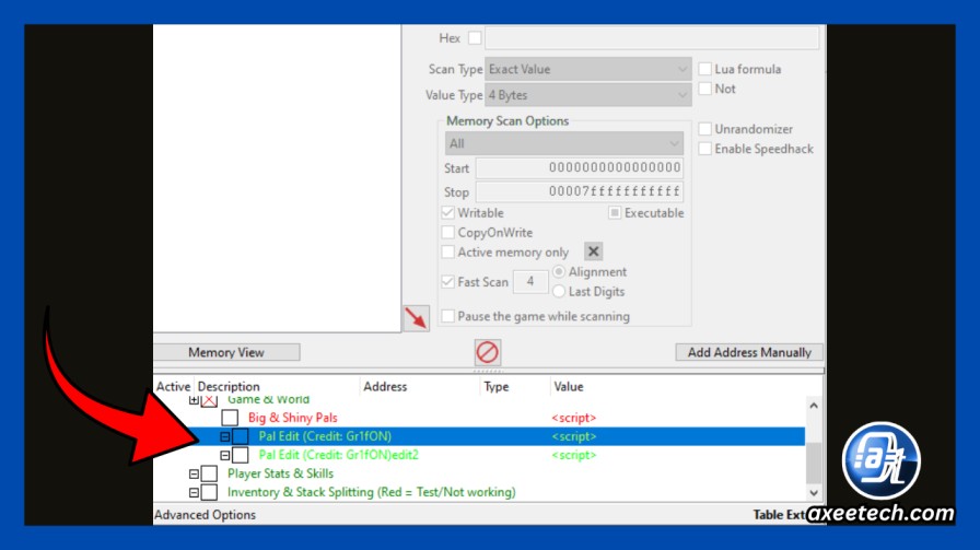 Palworld cheat table CT file loaded in Cheat Engine showing feature list with checkboxes