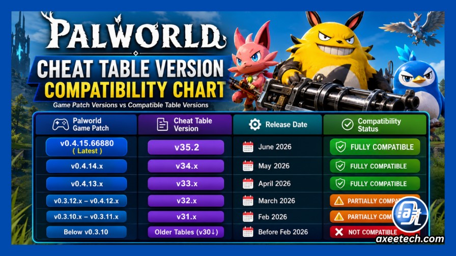 Palworld cheat table version compatibility chart showing game patch versions and compatible table versions