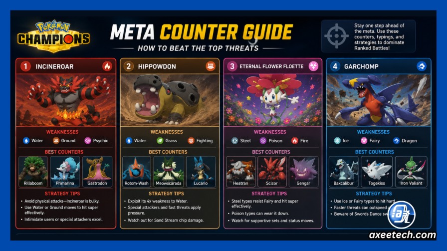 Pokemon Champions Tier List: Best Pokemon and Champions Ranked (2026) 7 Pokemon Champions meta counter guide showing how to beat Incineroar Hippowdon Eternal Flower Floette and Garchomp