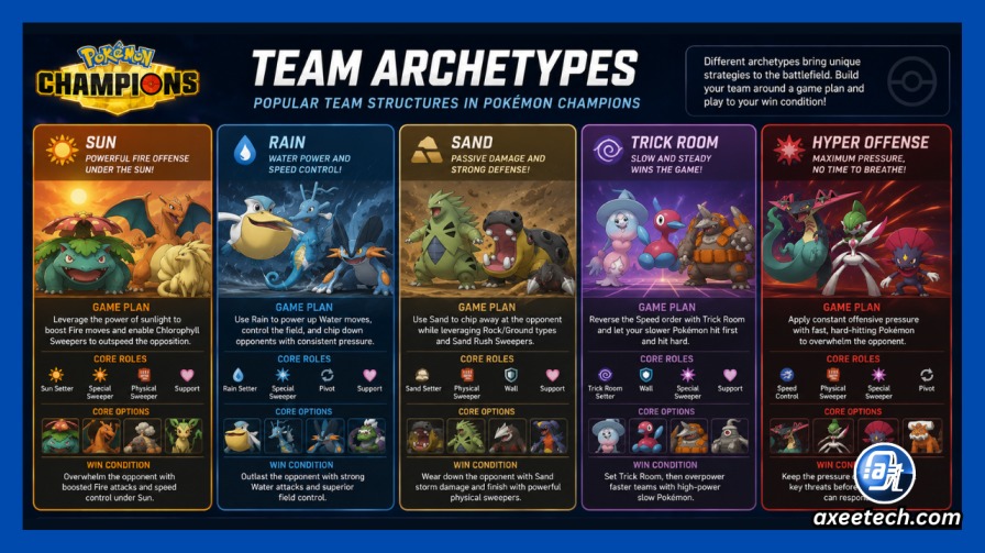 Pokemon Champions Tier List: Best Pokemon and Champions Ranked (2026) 8 Pokemon Champions team archetypes showing Sun Rain Sand Trick Room and Hyper Offense structures