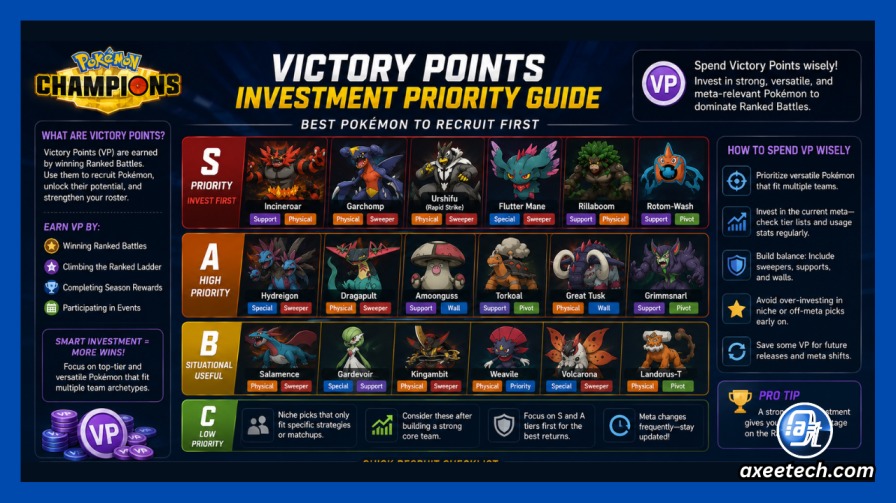 Pokemon Champions Tier List: Best Pokemon and Champions Ranked (2026) 9 Pokemon Champions Victory Points investment priority guide showing best Pokemon to recruit first