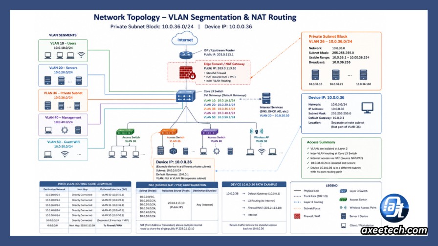 10.0 36 Explained: IP Address, Dynamics 365, MariaDB, or Axon Ivy? 1 Network topology diagram showing VLAN segmentation and NAT routing for the 10.0.36.0/24 private subnet block and the 10.0.0.36 device IP.