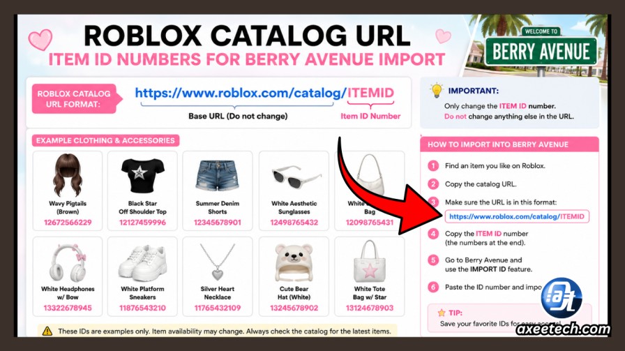  Roblox catalog URL showing item ID numbers for Berry Avenue import