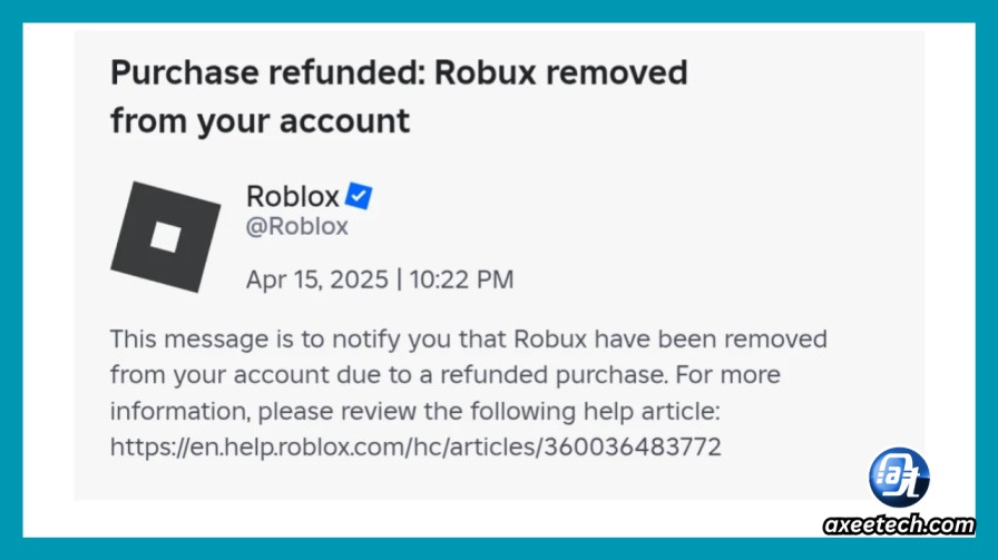 Roblox Inbox message notifying that Robux were removed due to a refund