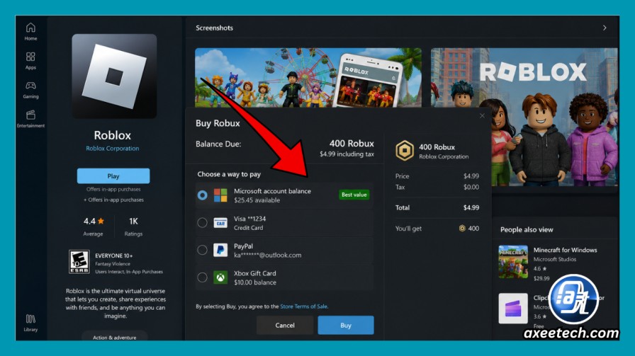  Roblox app on Microsoft Store showing Microsoft Account balance as payment method for Robux purchase