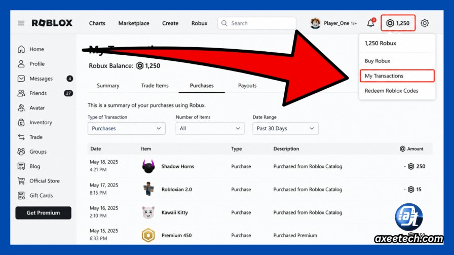 How To See Roblox Transaction History And Purchase History 2026 Guide Roblox My Robux Icon Purchases Filter 