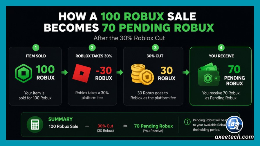 Infographic showing how a 100 Robux sale becomes 70 pending Robux after the 30 percent cut