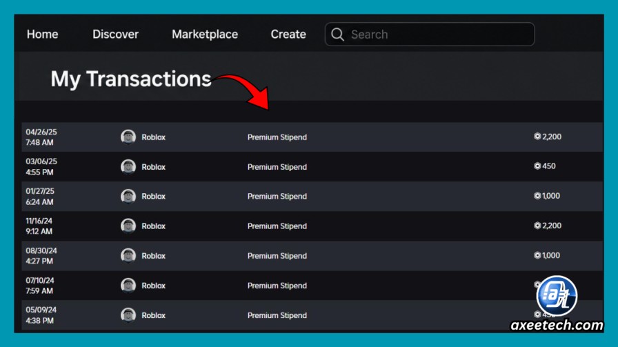 Roblox My Transactions showing a Premium Stipend entry