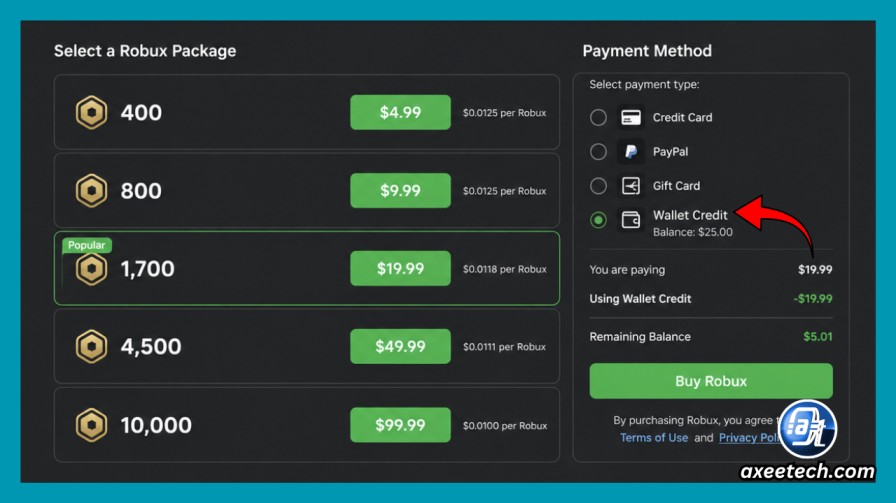  Roblox store Robux purchase page using Wallet credit as payment