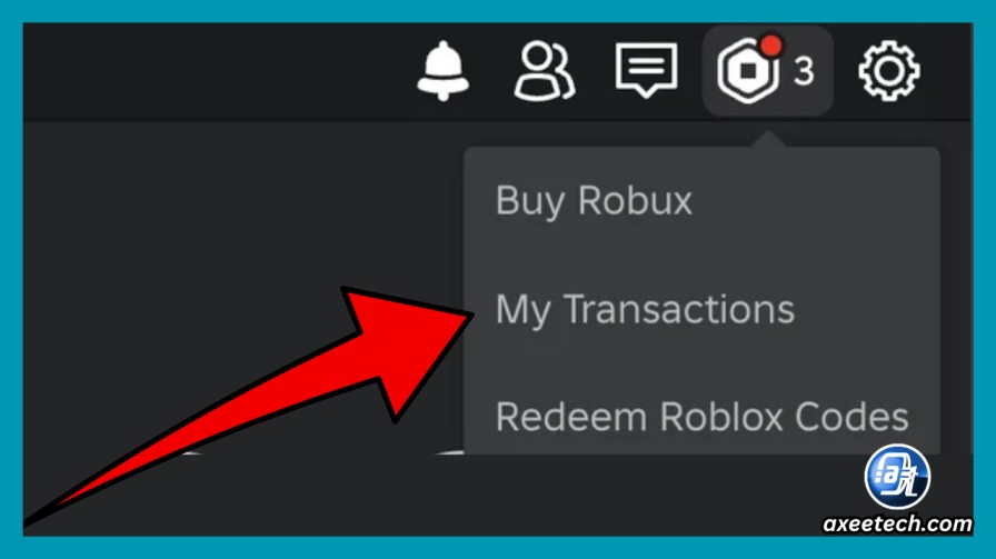 Roblox web browser Robux icon in upper right corner leading to My Transactions