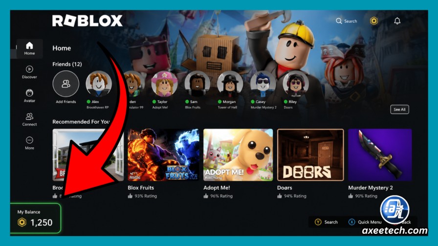 Roblox on Xbox showing My Balance in the lower left corner
