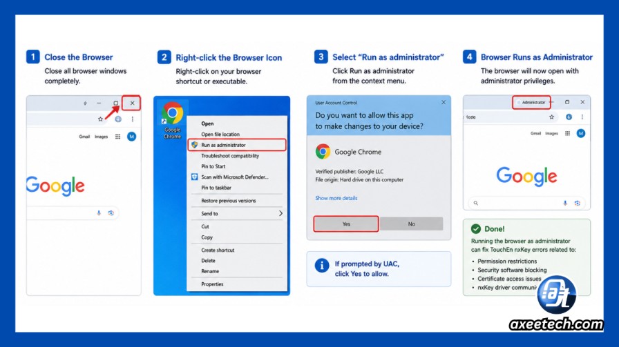 Run browser as administrator to fix TouchEn nxKey error Windows right-click. 
