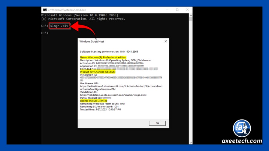  slmgr /dlv command output in Windows showing license type OEM or Retail  