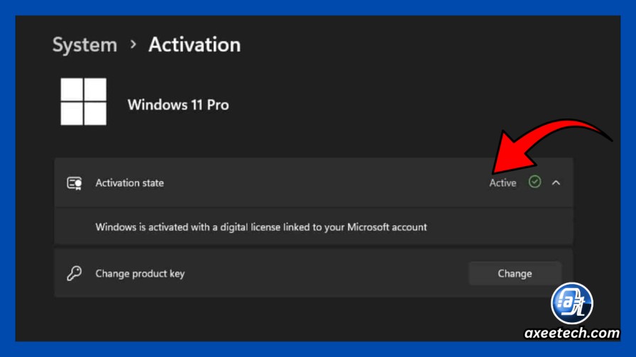 Windows 11 activation settings showing digital license linked to Microsoft account 