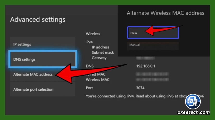 Xbox Advanced settings screen showing Alternate MAC address with Clear button
