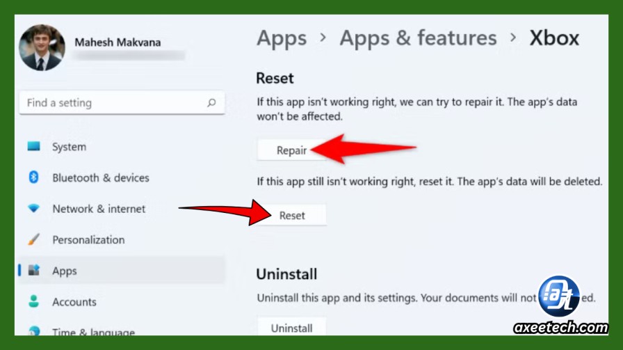  Windows Settings Xbox app Advanced options showing Repair and Reset buttons