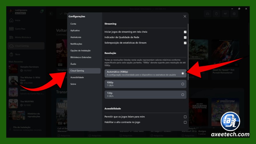 Xbox Cloud Gaming settings showing Network Quality Indicator and resolution option
