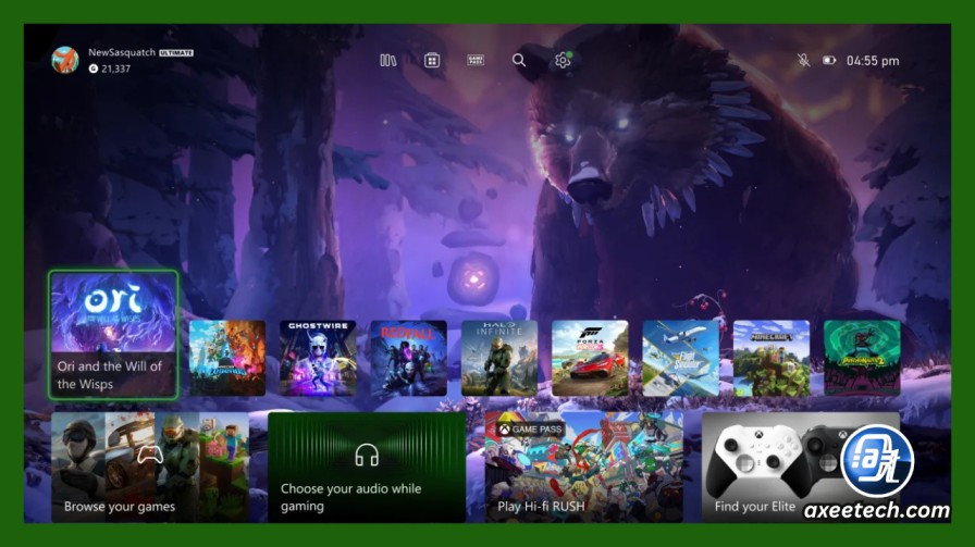 Xbox dashboard with dynamic background and rich poster style game library artwork
