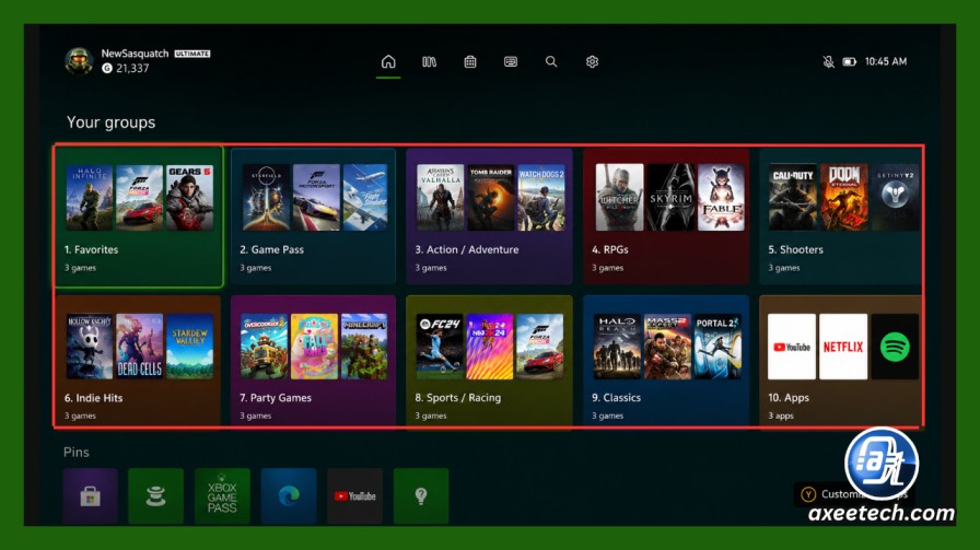 Xbox Home screen showing ten customizable groups of games and apps