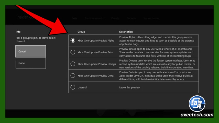 Xbox Insider Hub app showing ring selection for Alpha and Beta