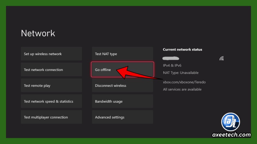 Xbox Network settings screen showing Go offline option to play games without Xbox Live