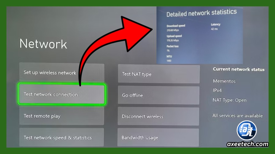 Xbox Network settings screen showing Test network connection and Test network speed options