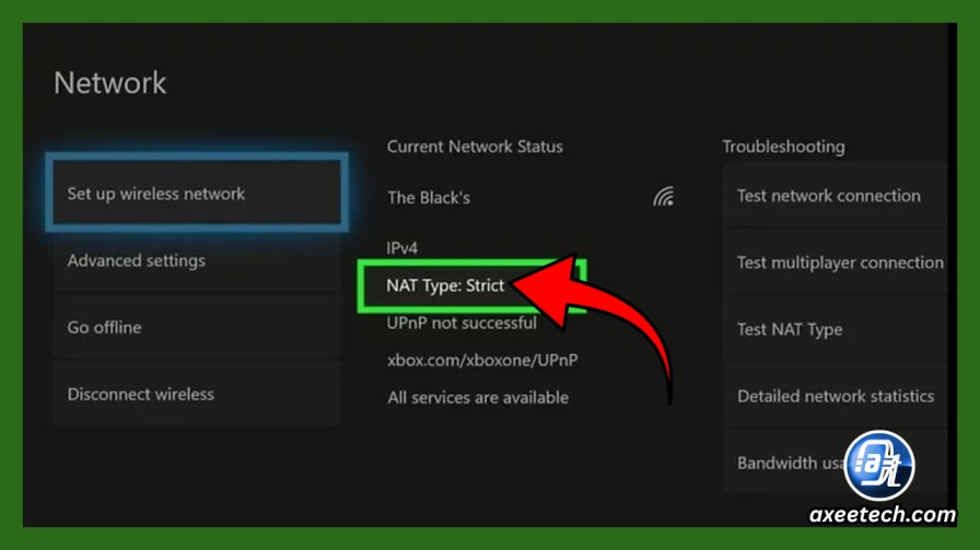 Xbox Current Network Status screen showing NAT Type and connection details