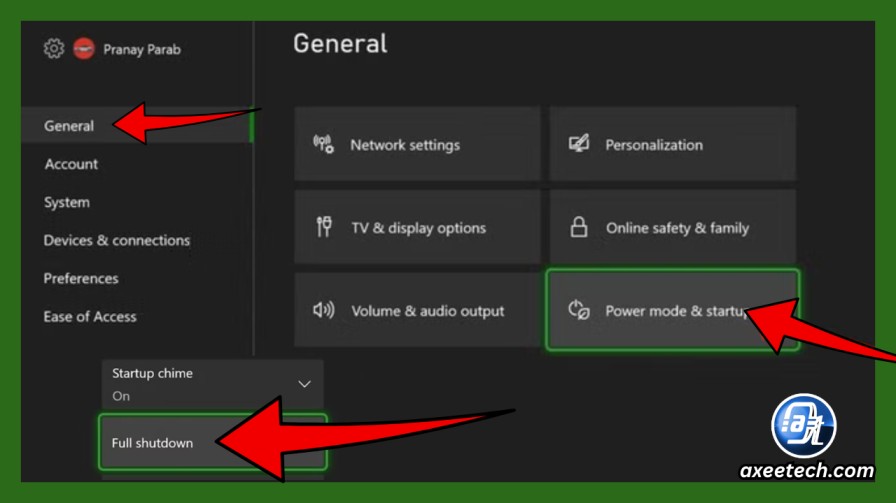 Xbox Power mode and startup settings screen showing Full shutdown option