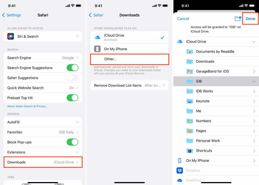 Settings menu for changing the Safari downloads save location on iPhone