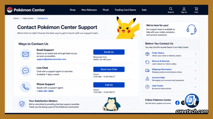 Pokemon Center customer support contact page 