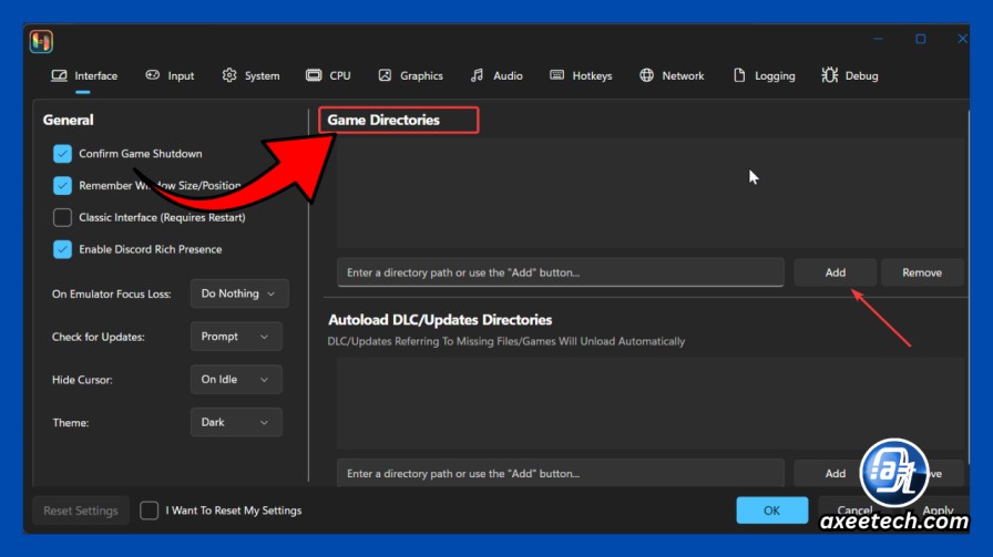 Adding a game directory in Ryujinx by clicking Add and selecting the folder