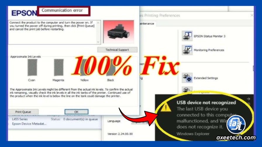 Adjustment Program displaying a Communication Error pop-up with USB connection details
