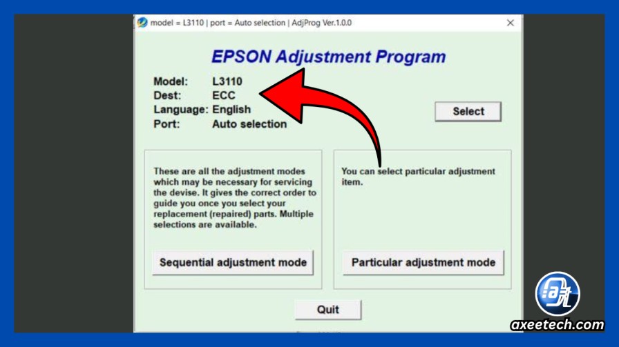 Adjustment Program main screen with L3110 model selected and USB001 port highlighted
