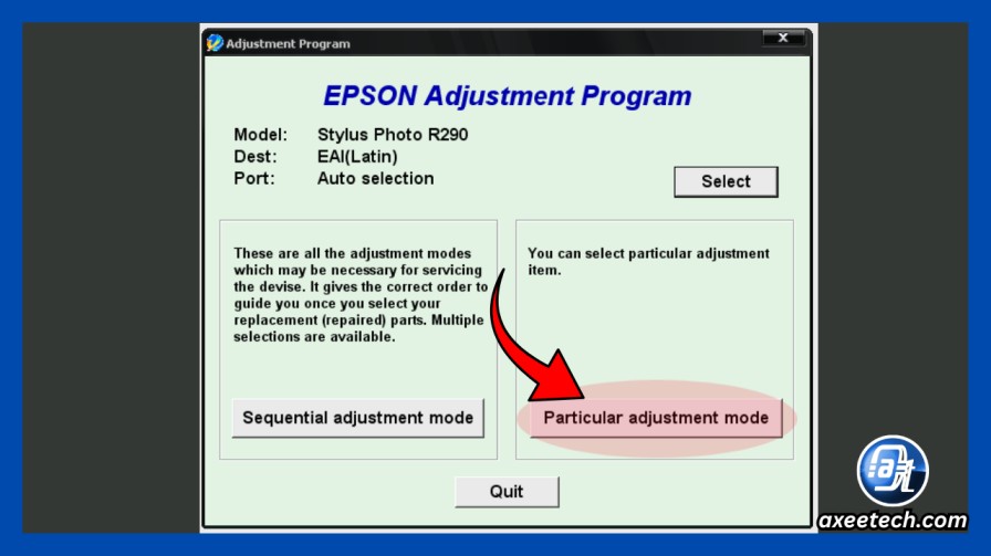 Adjustment Program menu highlighting the Particular Adjustment Mode option
