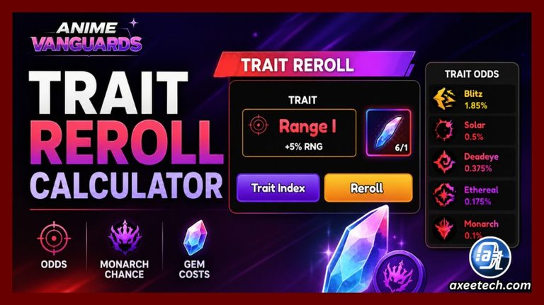 Anime Vanguards trait reroll calculator and probability dashboard