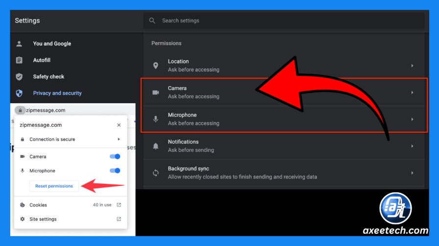 Browser site permissions list showing camera access 