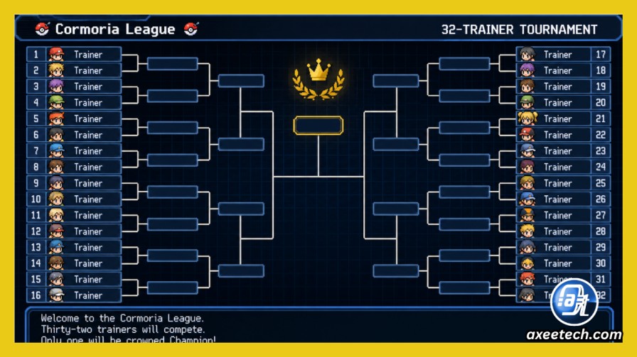 32-trainer elimination tournament bracket screen in the Cormoria League