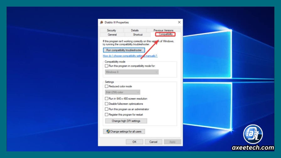 Disable fullscreen optimizations compatibility setting 
