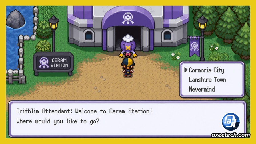 Player talking to the Drifblim attendant outside an overworld station