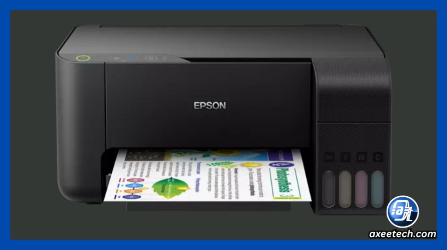 Epson L3110 printer actively printing a document with normal status lights after the reset process
