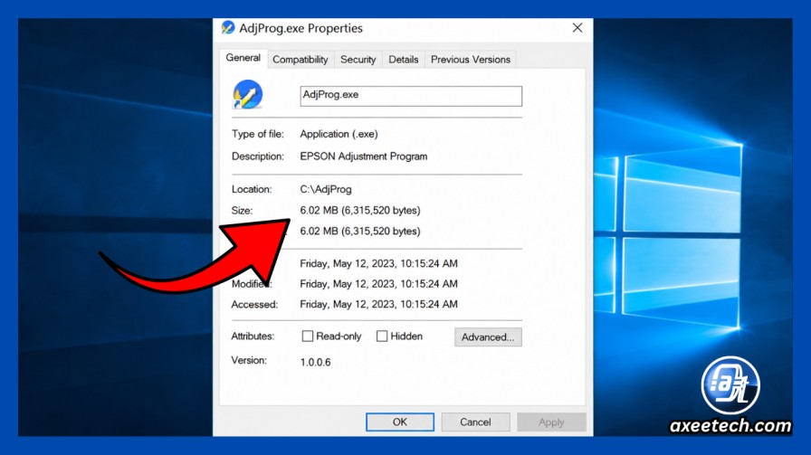 File properties window showing AdjProg.exe size at approximately 6 MB and version number
