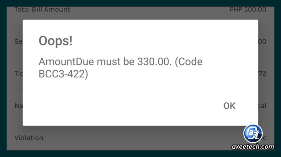  GCash violation ticket payment screen with error 