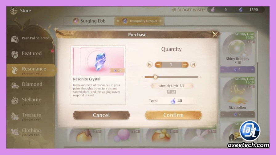 Managing Diamonds and Resonite crystals in Infinity Nikki