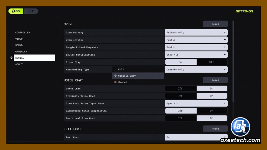 Cross platform play setting in Marathon network menu 
