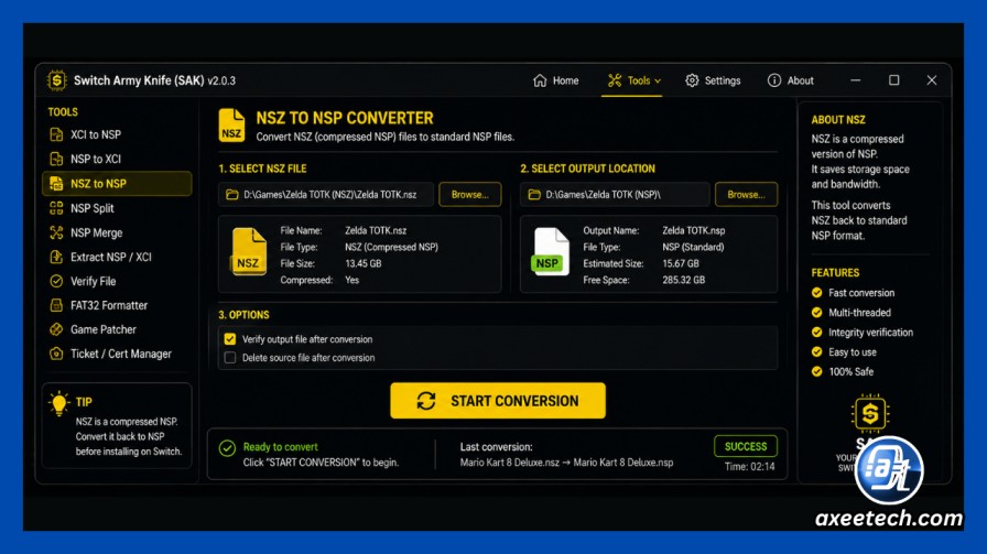 Switch Army Knife (SAK) tool interface showing NSZ to NSP conversion option