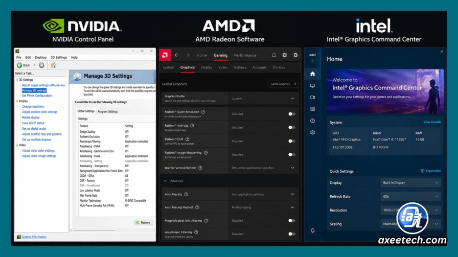NVIDIA AMD and Intel graphics control panels side by side 