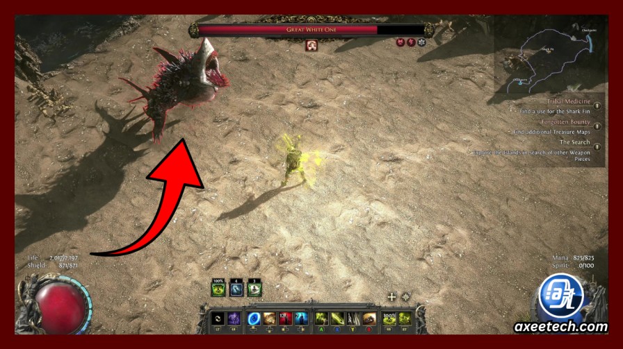 PoE 2 Shark Fin Guide: Where to Use, Kaimana Locations & Best Rewards (Patch 0.5+) 3 The Great White One boss emerging from the sand on Whakapanu Island.