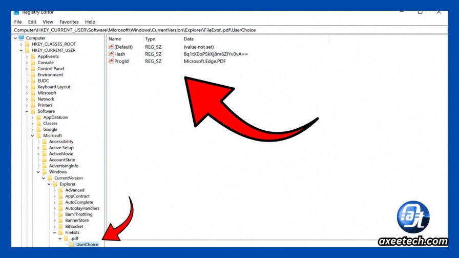 Registry Editor showing UserChoice subkey under FileExts
