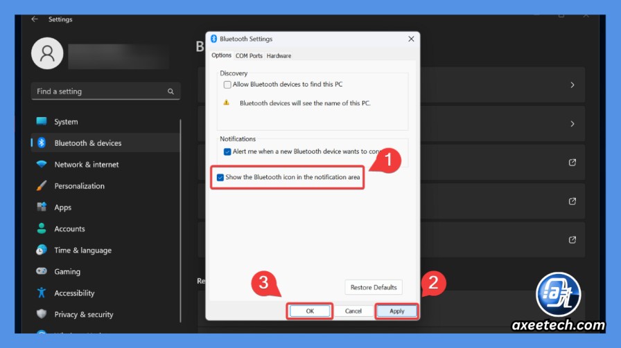 Notifications and actions settings restoring the Bluetooth tile 
